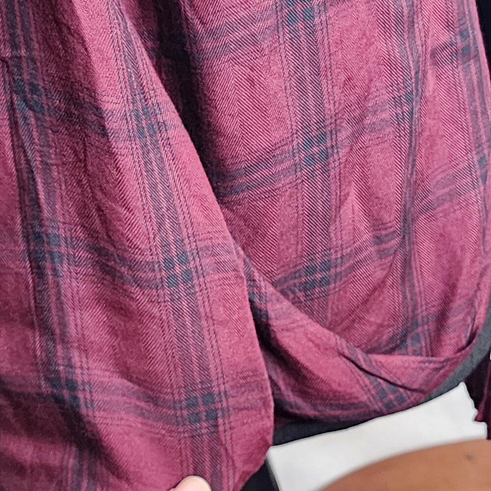 A.N.A. A New Approach Wine Black Plaid Long Tab Sleeve Button Up Faux Wrap Top S - Picture 7 of 16